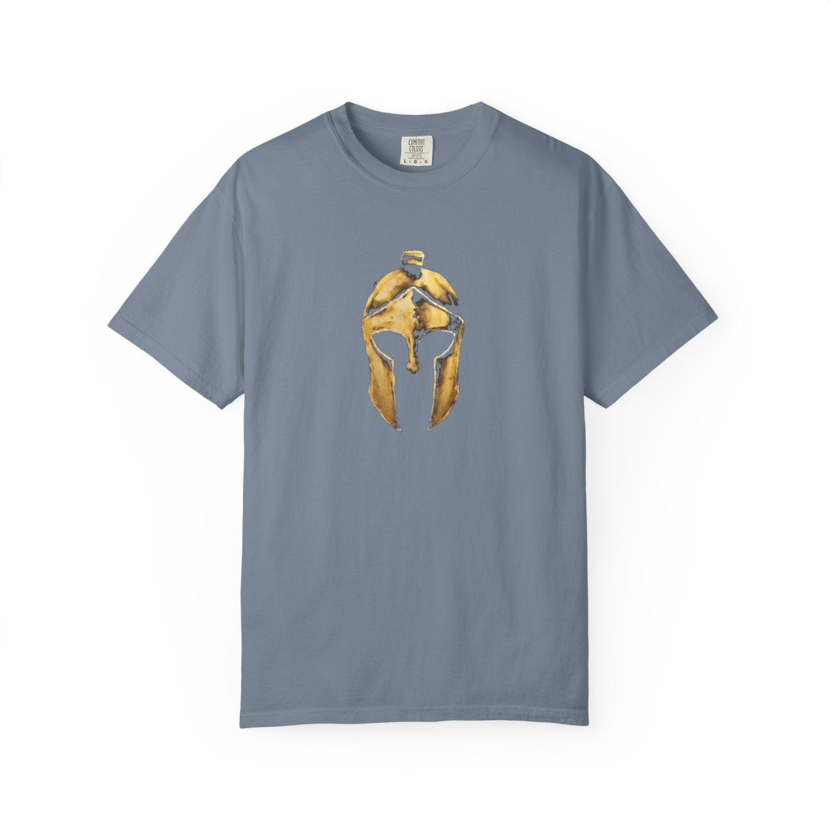 Blue Jean casual tee with the gold Helm helmet on the front