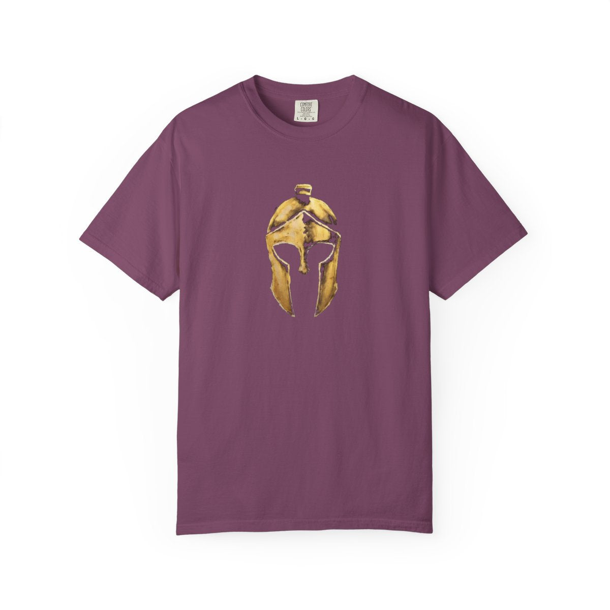Berry casual tee with the gold Helm helmet on the front