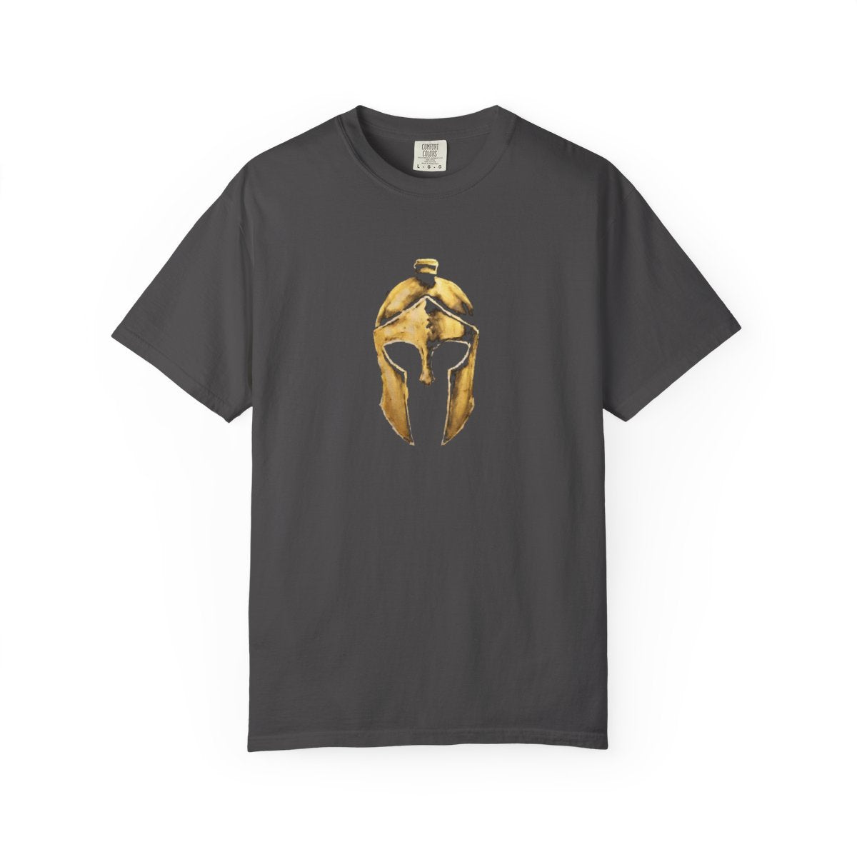 Graphite casual tee with the gold Helm helmet on the front
