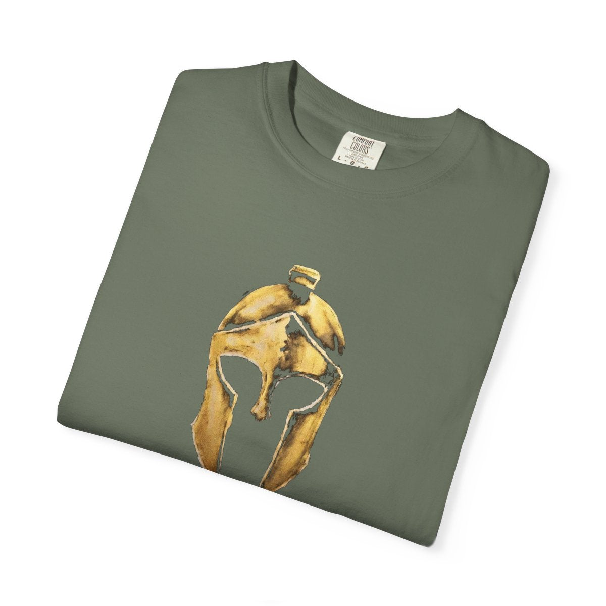 Folded moss casual tee showing the gold Helm helmet