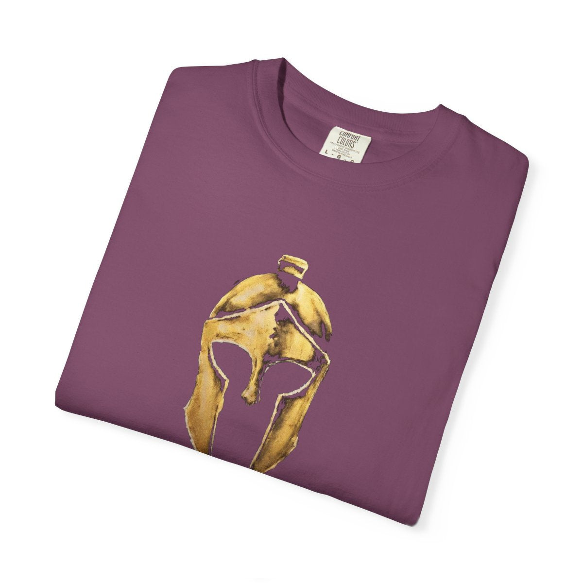 Folded berry casual tee showing the gold Helm helmet