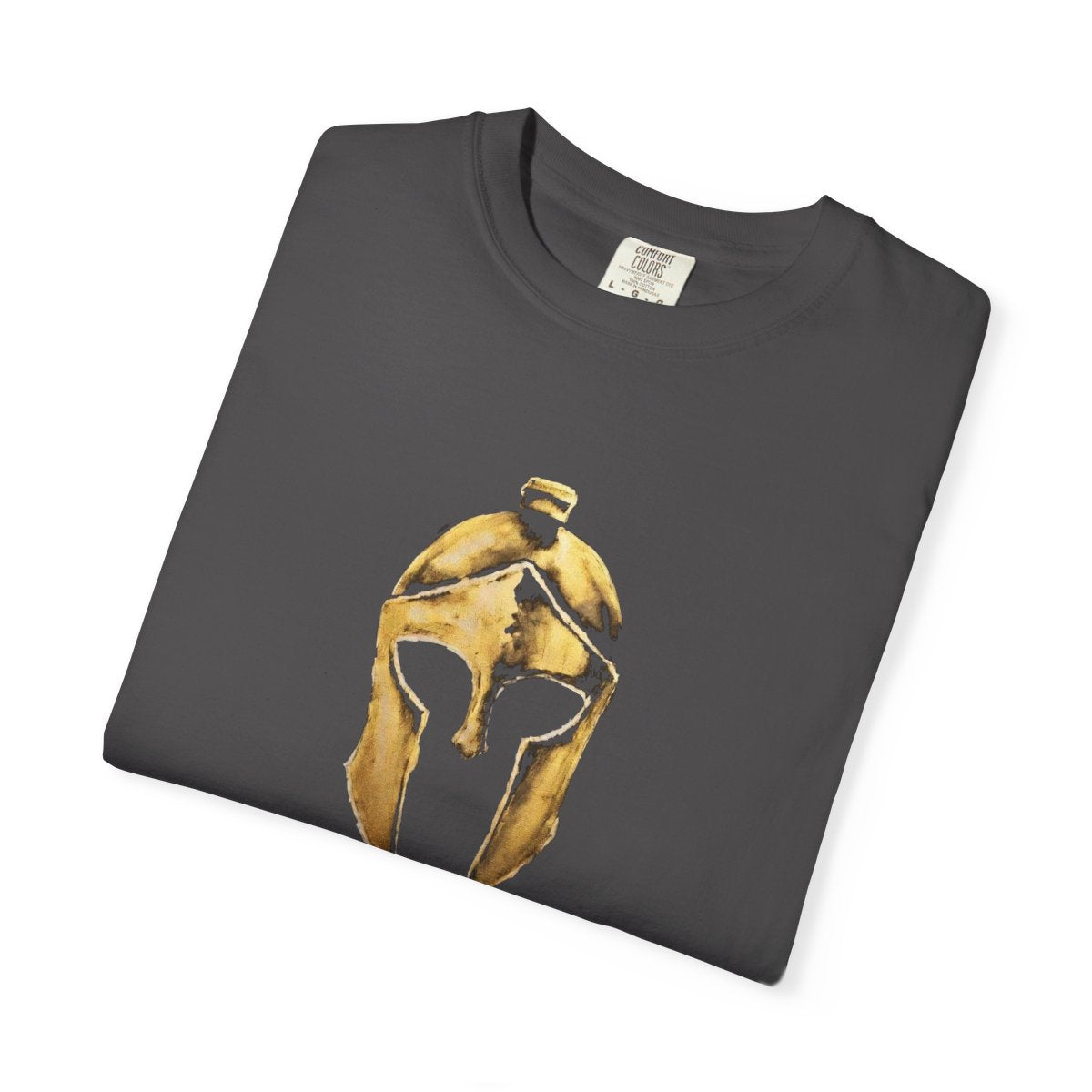 Folded graphite casual tee showing the gold Helm helmet