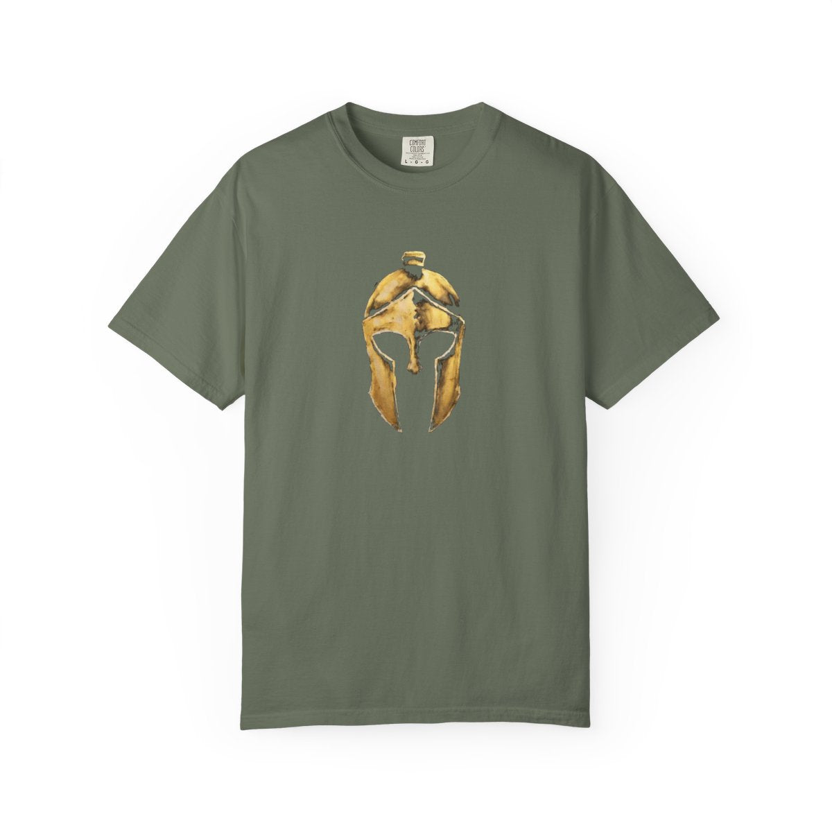 Moss casual tee with the gold Helm helmet on the front