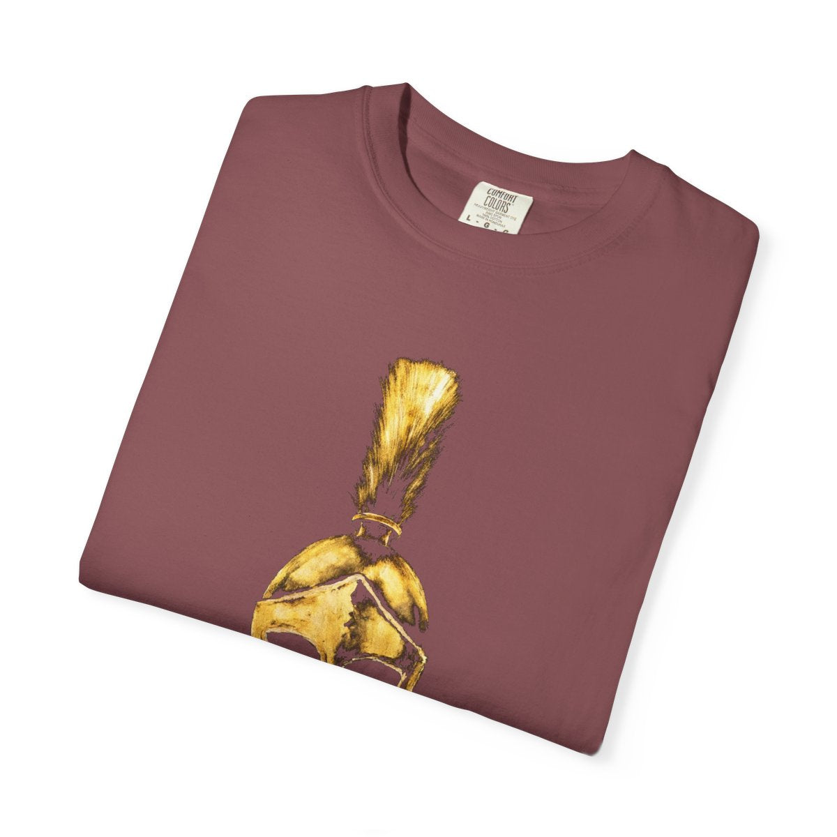 Folded brick casual tee showing the gold Praetorian helmet