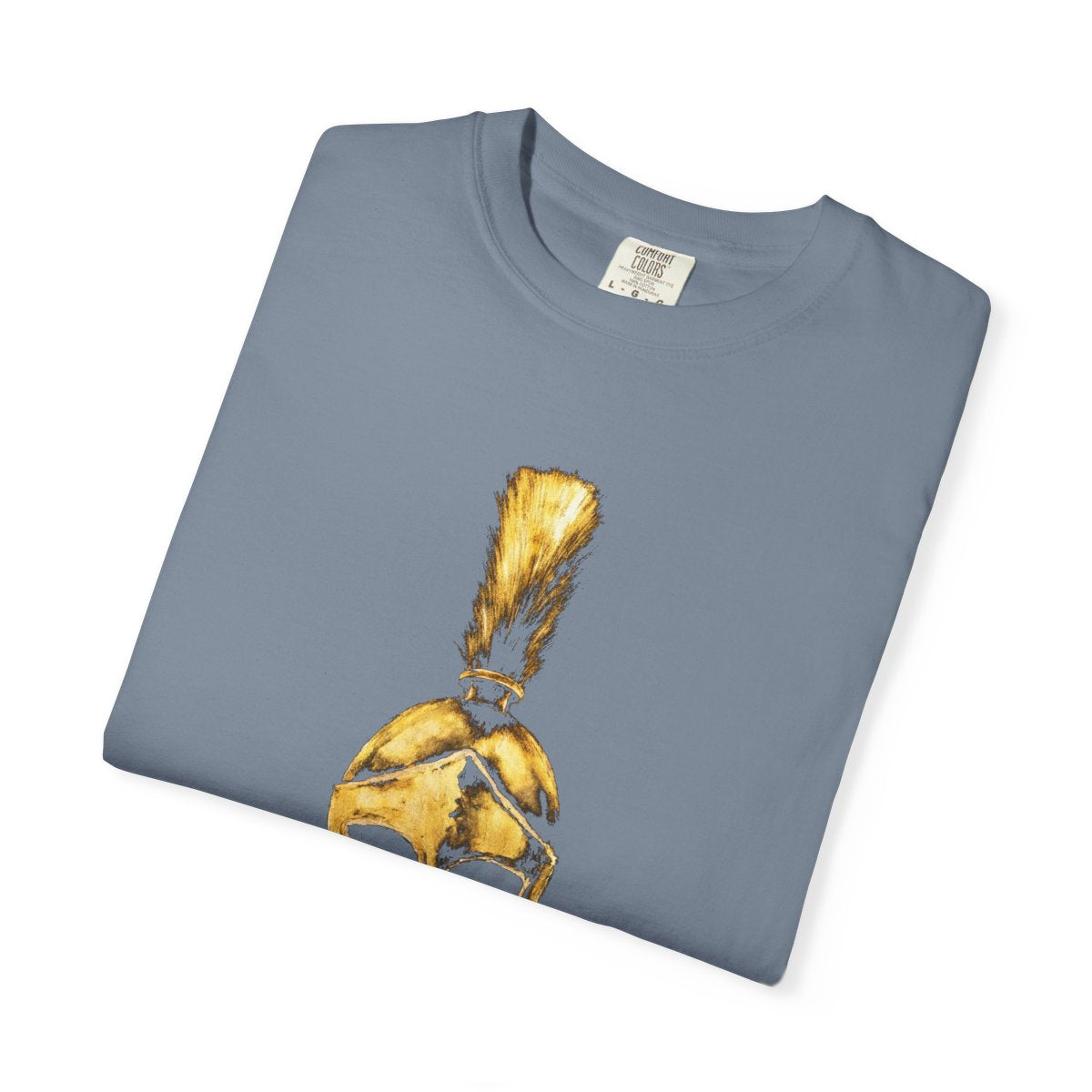 Folded blue jean casual tee showing the gold Praetorian helmet