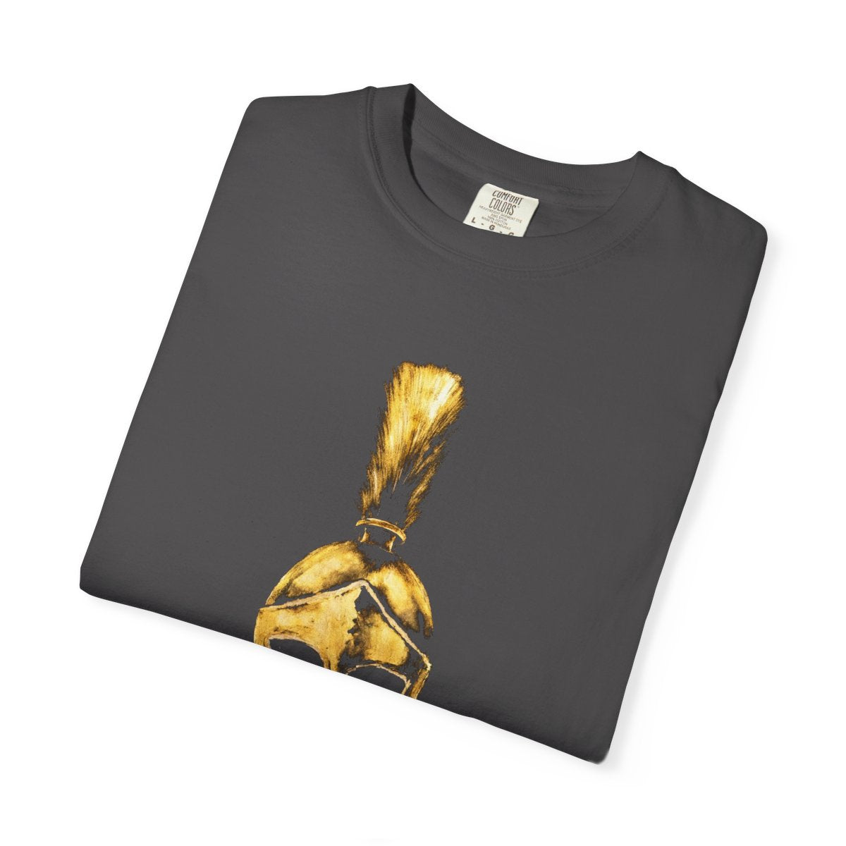 Folded graphite casual tee showing the gold Praetorian helmet