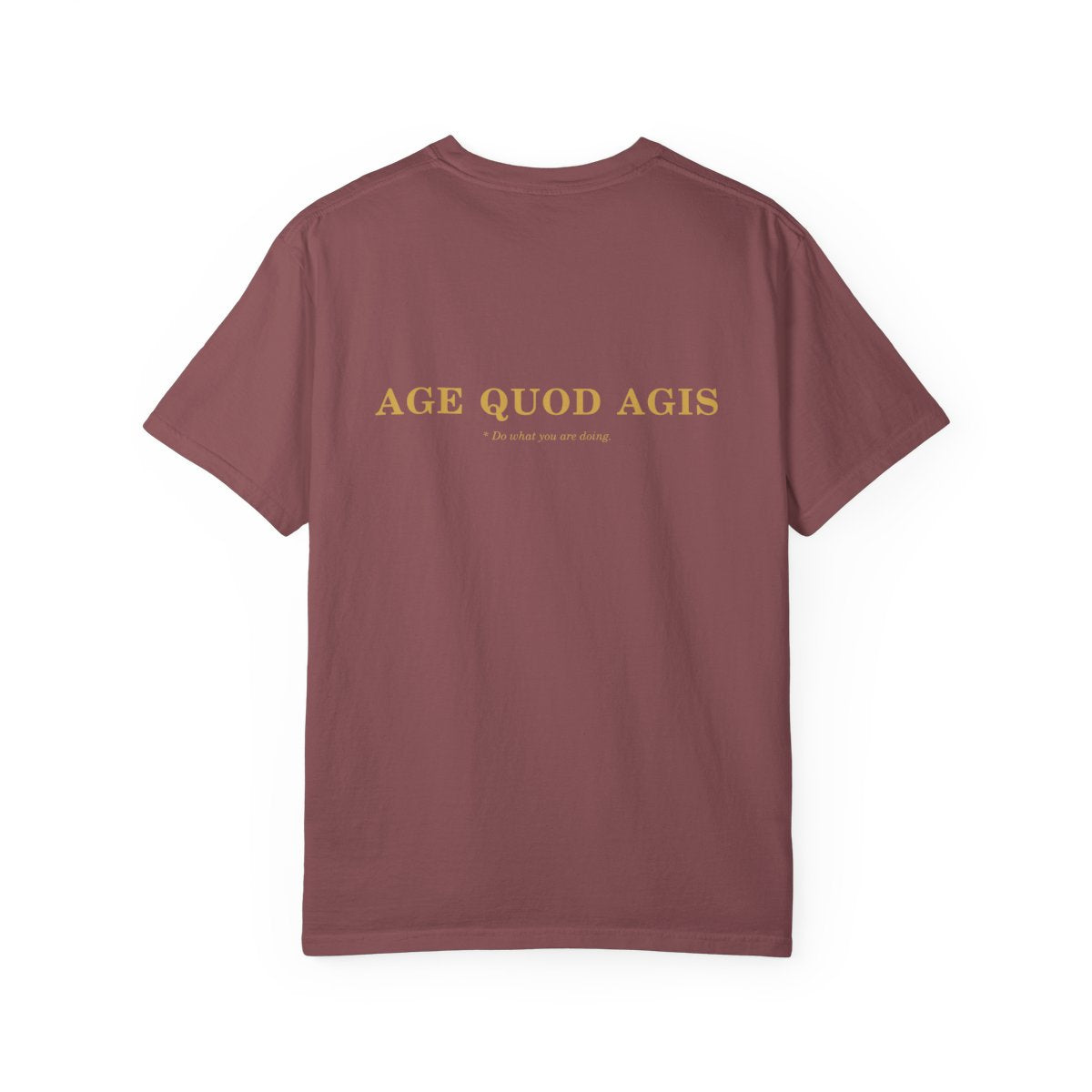 Back of brick casual tee with Age Quod Agis in gold