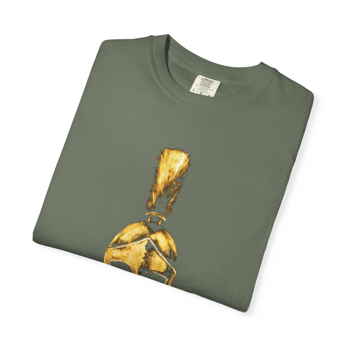 Folded moss casual tee showing the gold Praetorian helmet