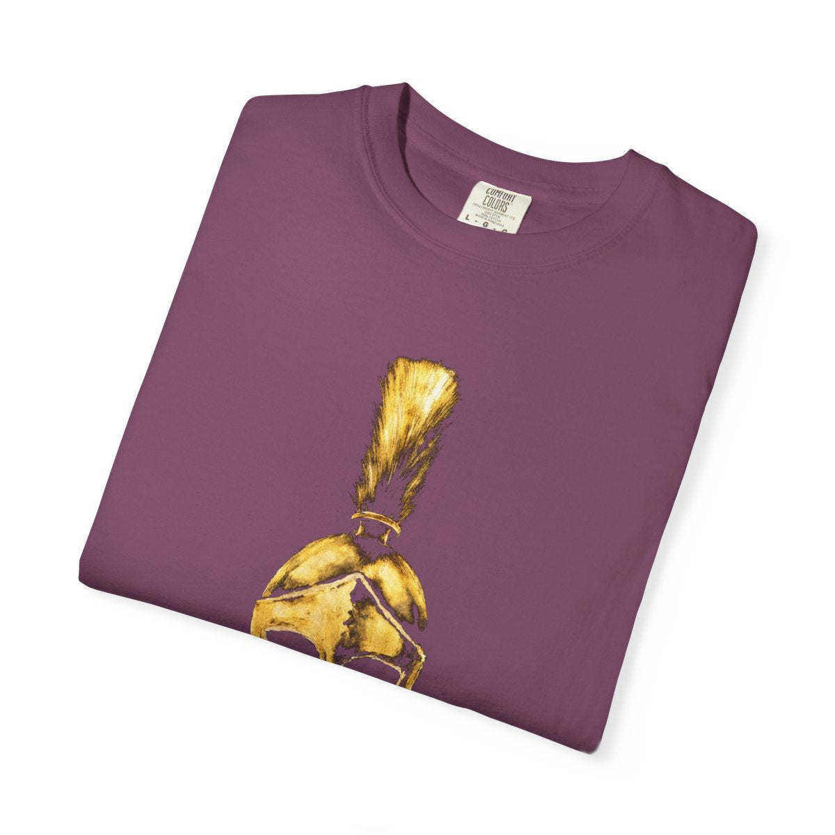 Folded berry casual tee showing the gold Praetorian helmet