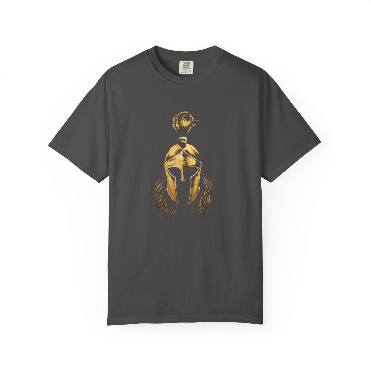Graphite casual tee with the gold Sentinel helmet on the front