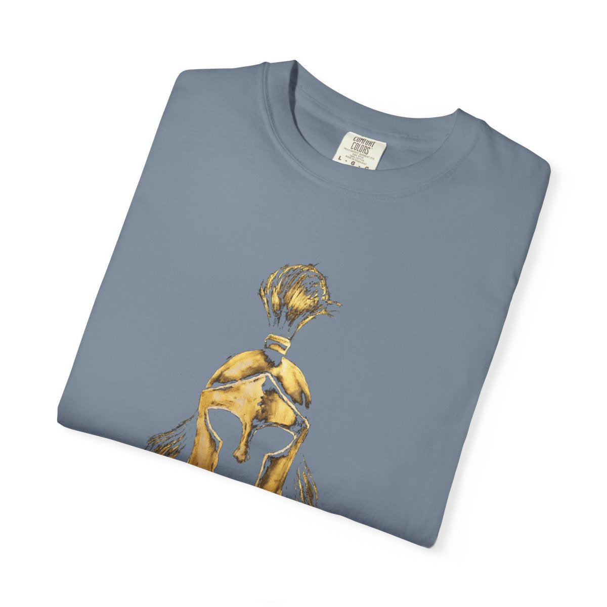 Folded blue jean casual tee showing the gold Sentinel helmet