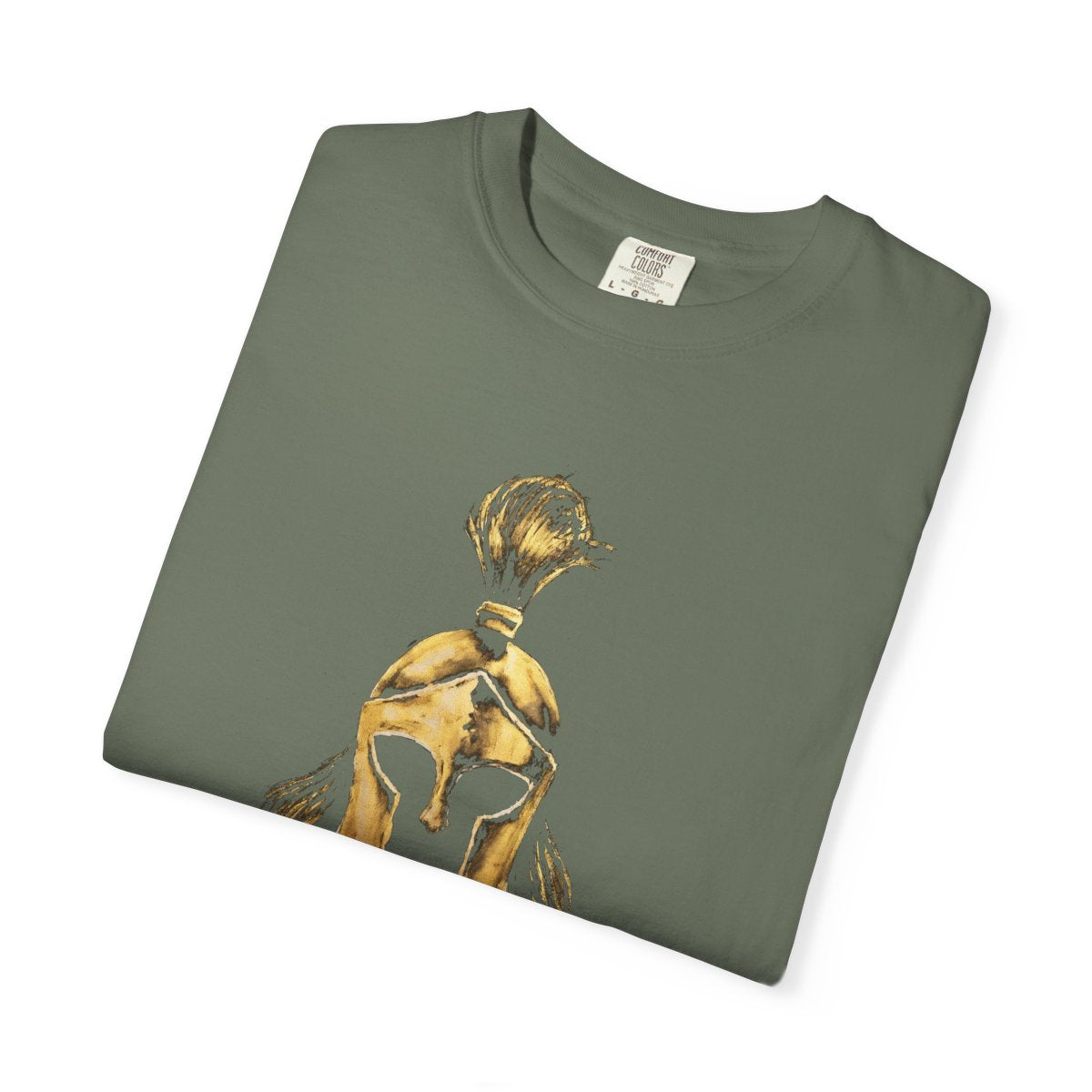 Folded moss casual tee showing the gold Sentinel helmet