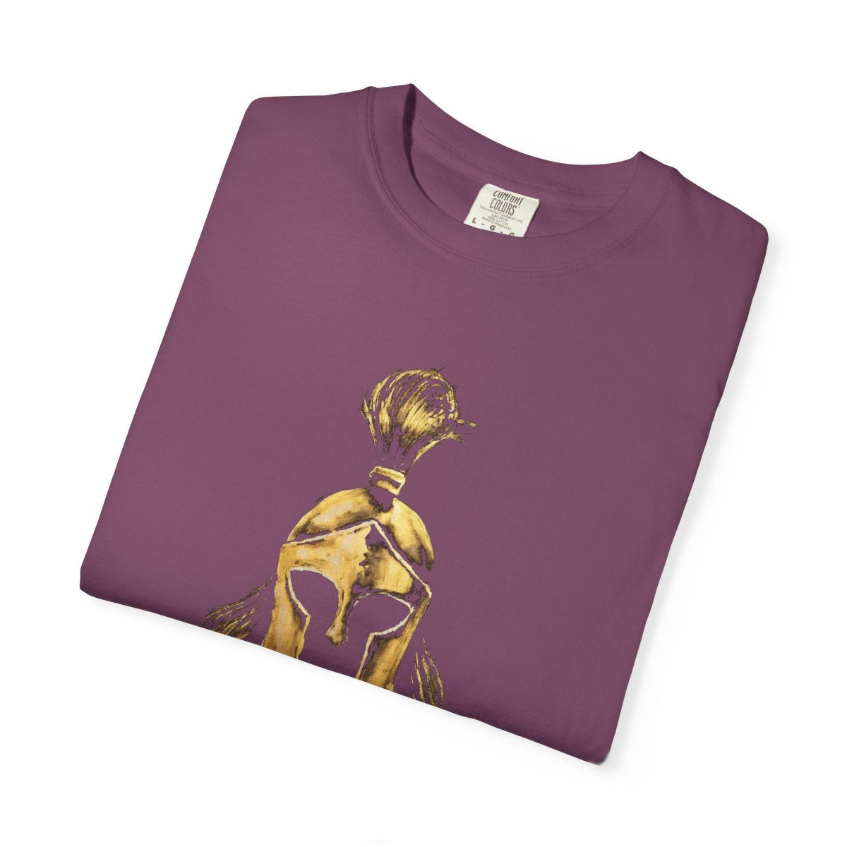 Folded berry casual tee showing the gold Sentinel helmet