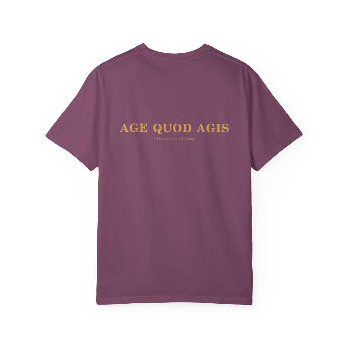 Back of berry casual tee with Age Quod Agis in gold