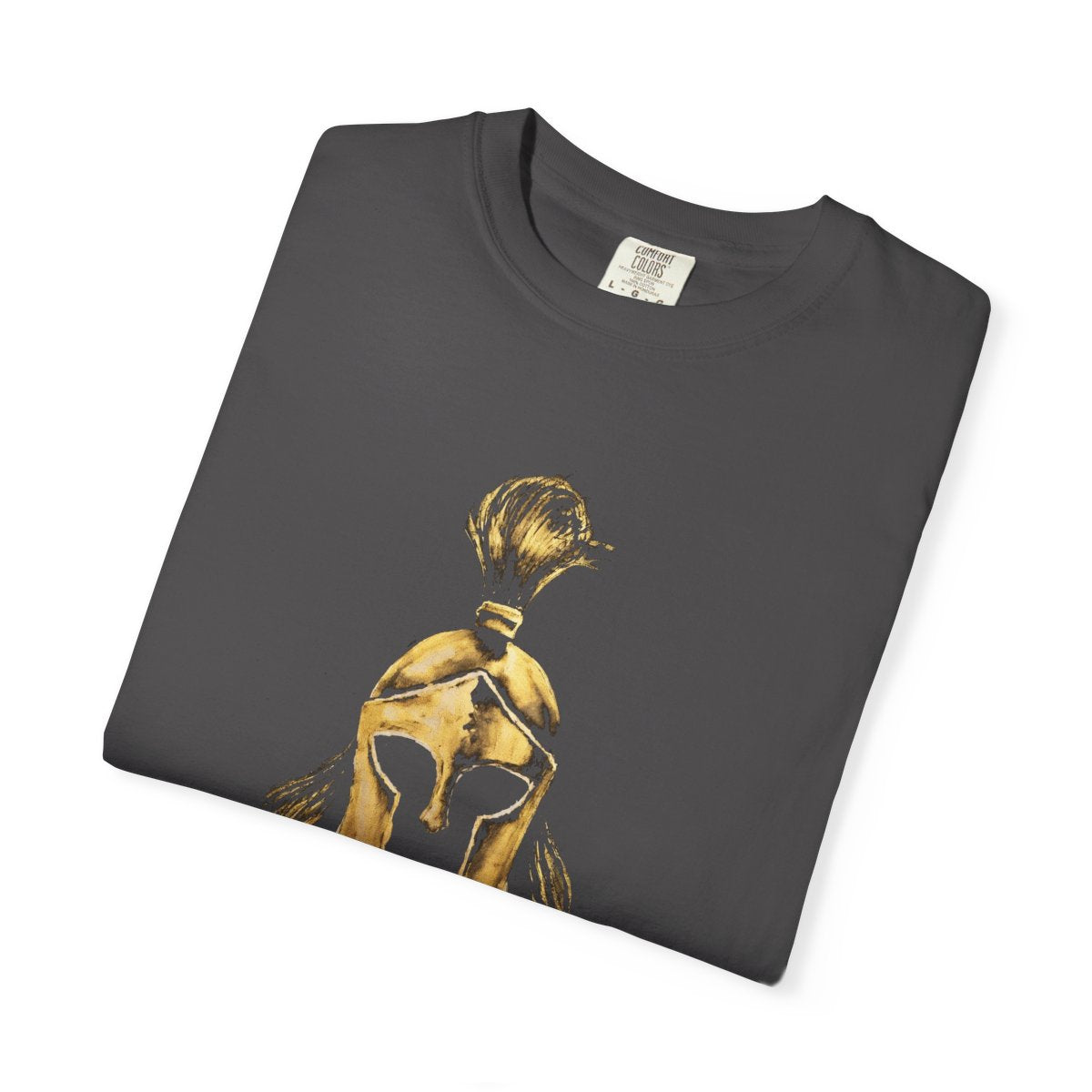 Folded graphite casual tee showing the gold Sentinel helmet