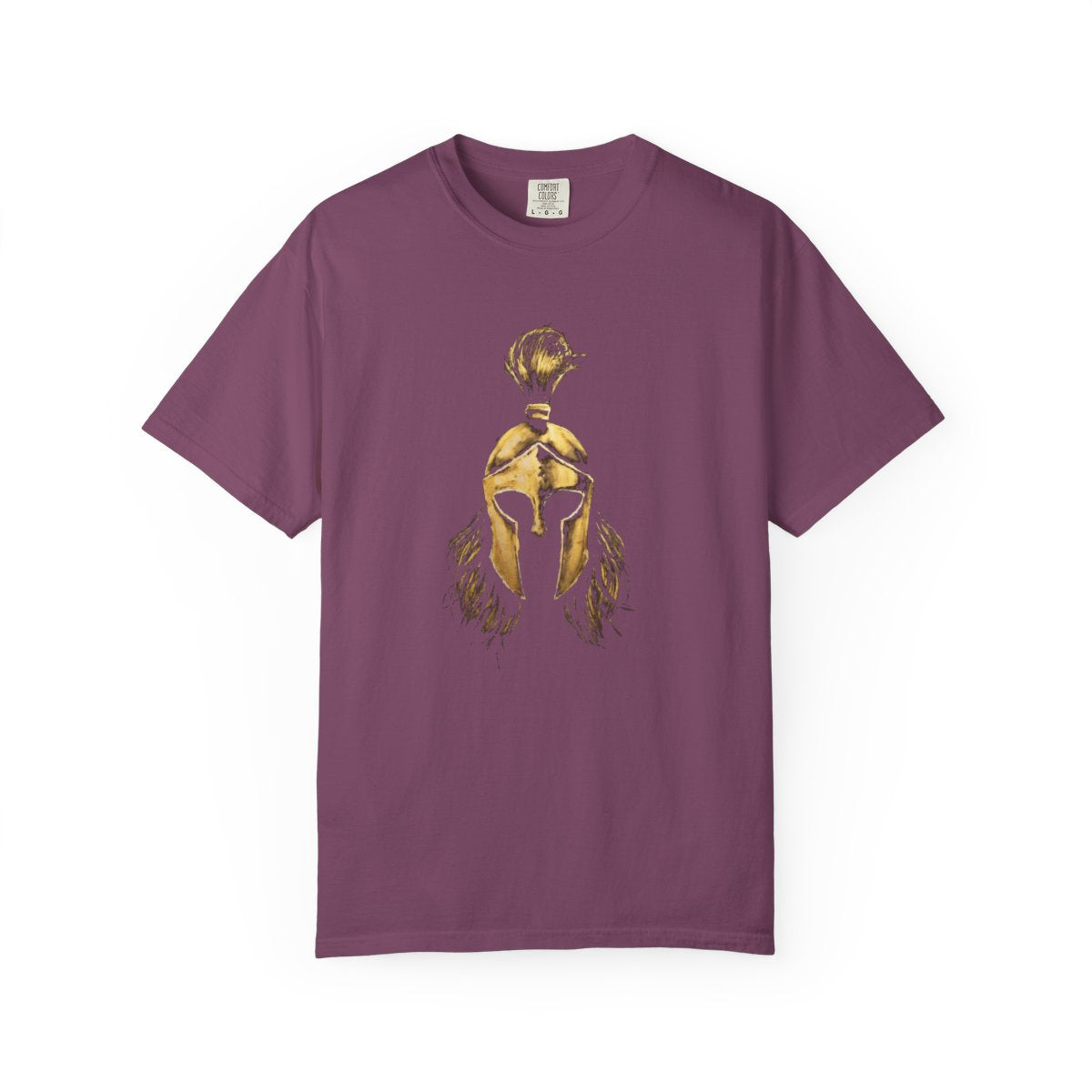 Berry casual tee with the gold Sentinel helmet on the front