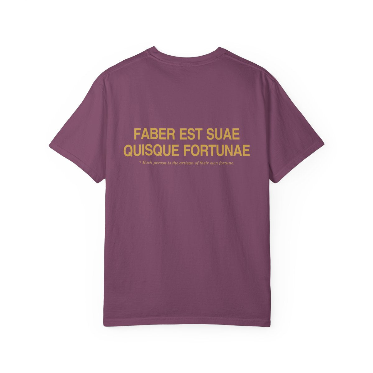 Back of berry casual tee with Faber est suae quisque fortunae in gold