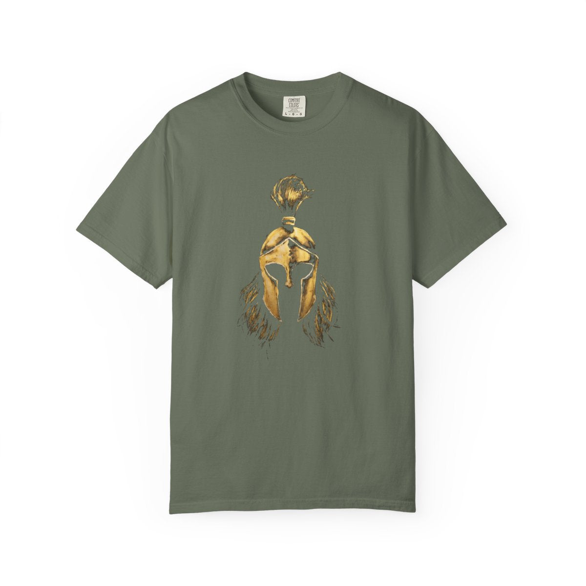 Moss casual tee with the gold Sentinel helmet on the front