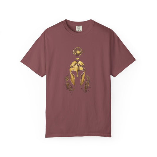 Brick casual tee with the gold Sentinel helmet on the front