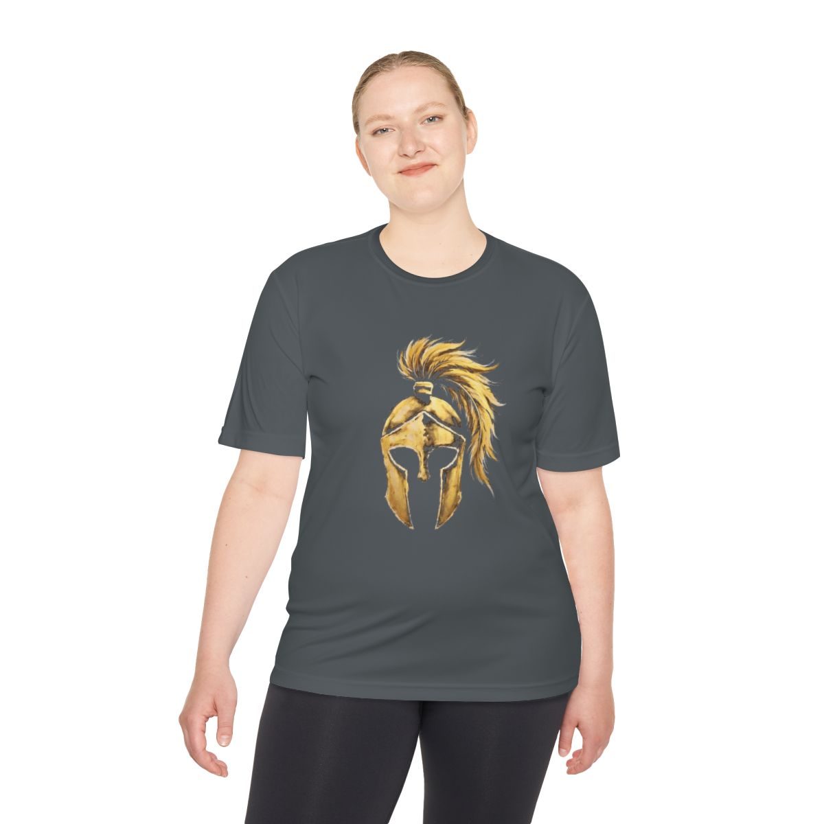Woman wearing iron grey performance tee with the gold Aquila helmet on the front