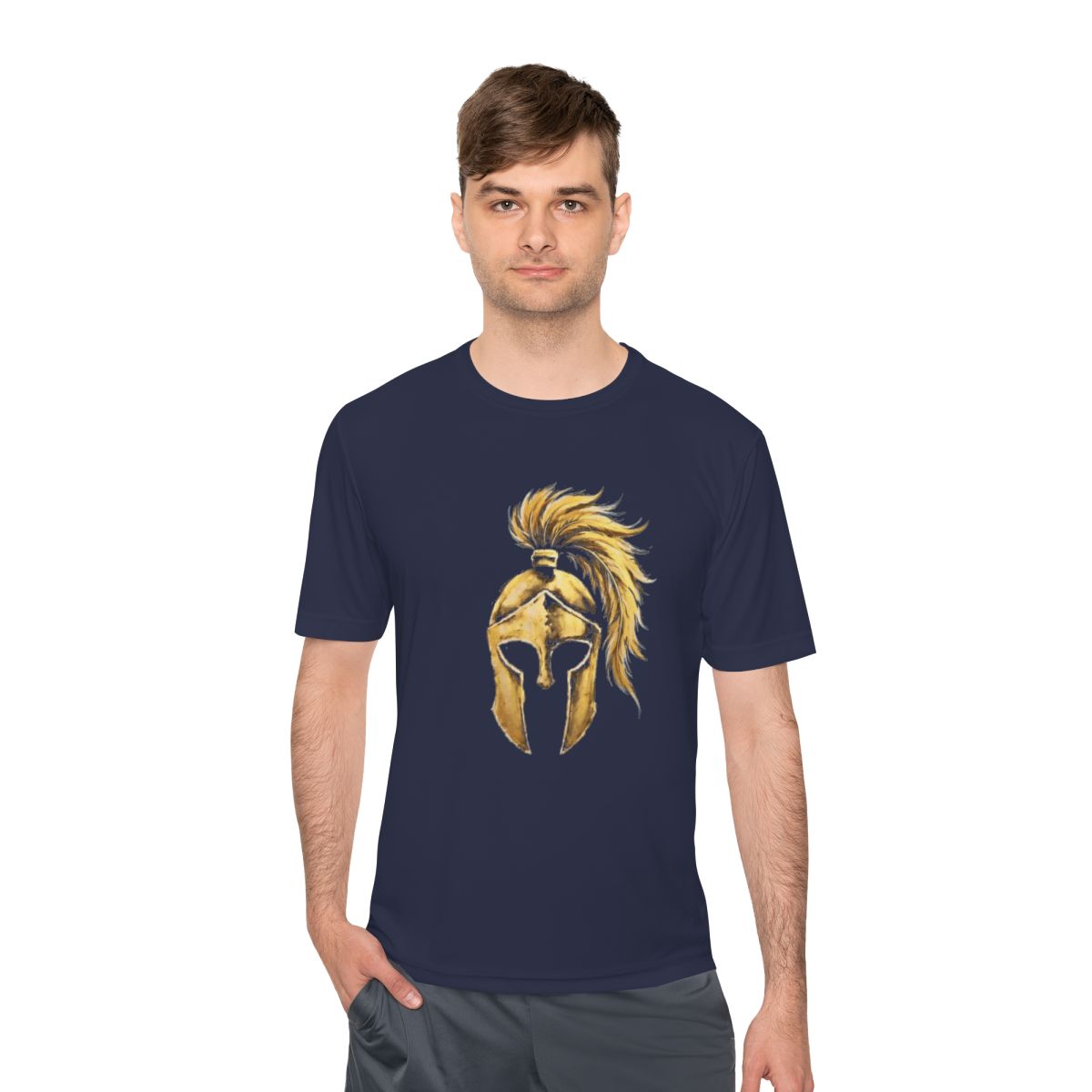 Man wearing true navy performance tee with the gold Aquila helmet on the front