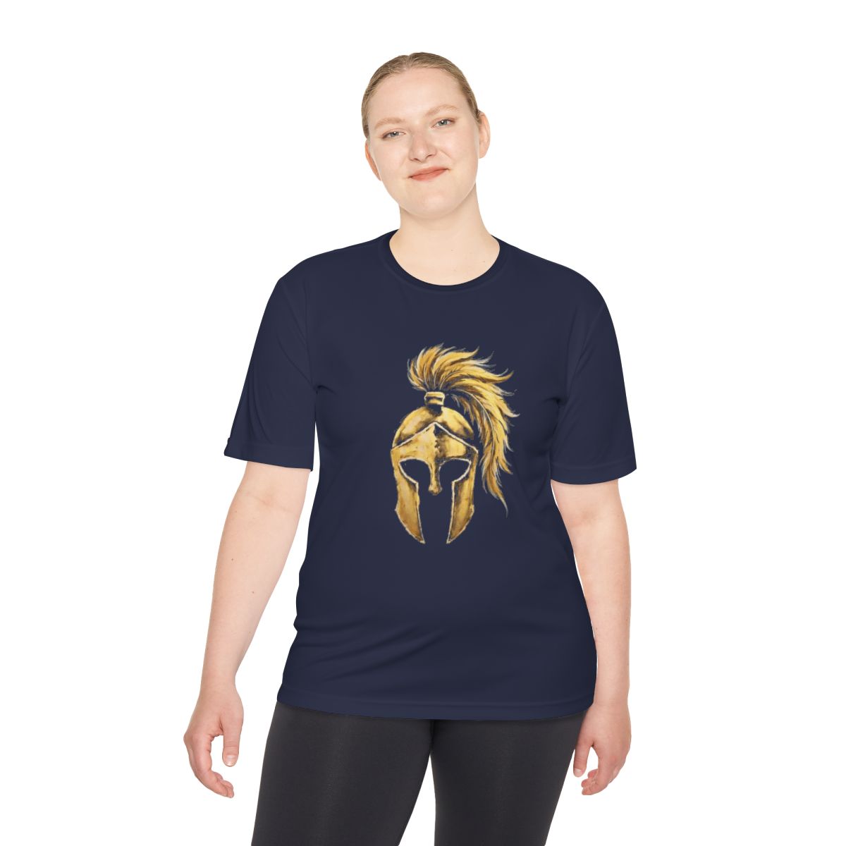Woman wearing true navy performance tee with the gold Aquila helmet on the front