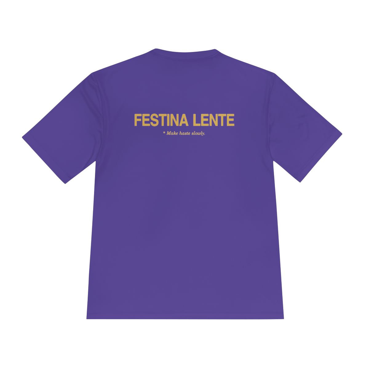 Back of purple performance tee with Festina Lente in gold