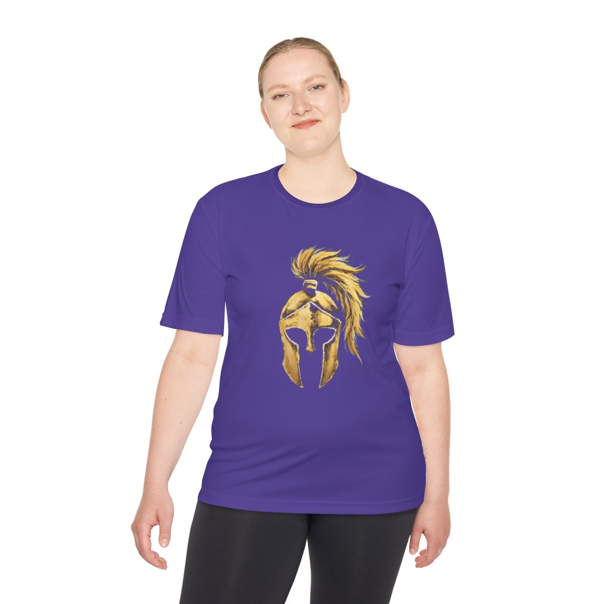 Woman wearing purple performance tee with the gold Aquila helmet on the front