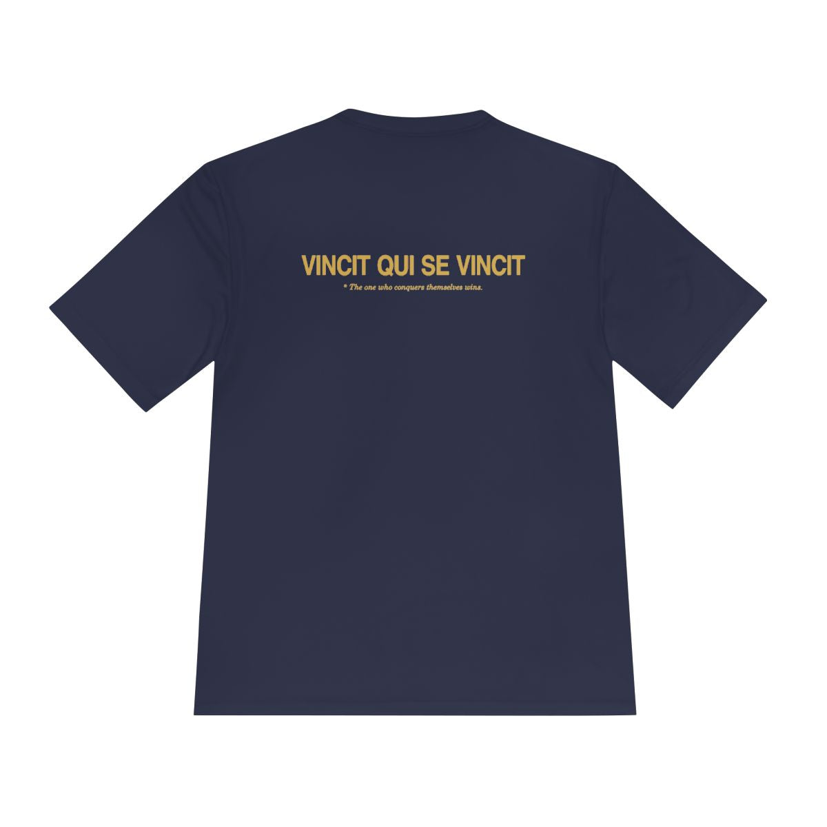 Back of true navy performance tee with Vincit qui se vincit in gold