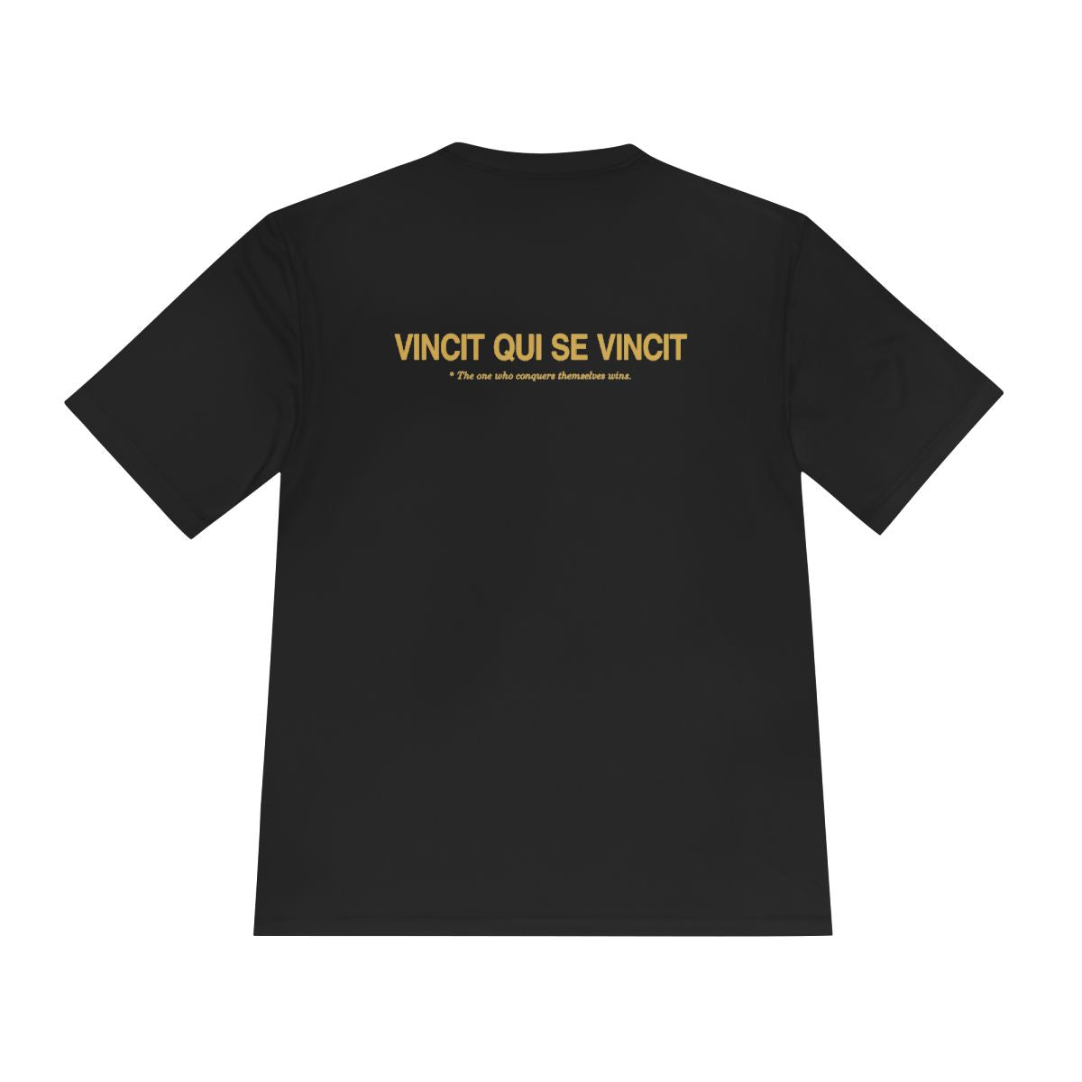 Back of black performance tee with Vincit qui se vincit in gold