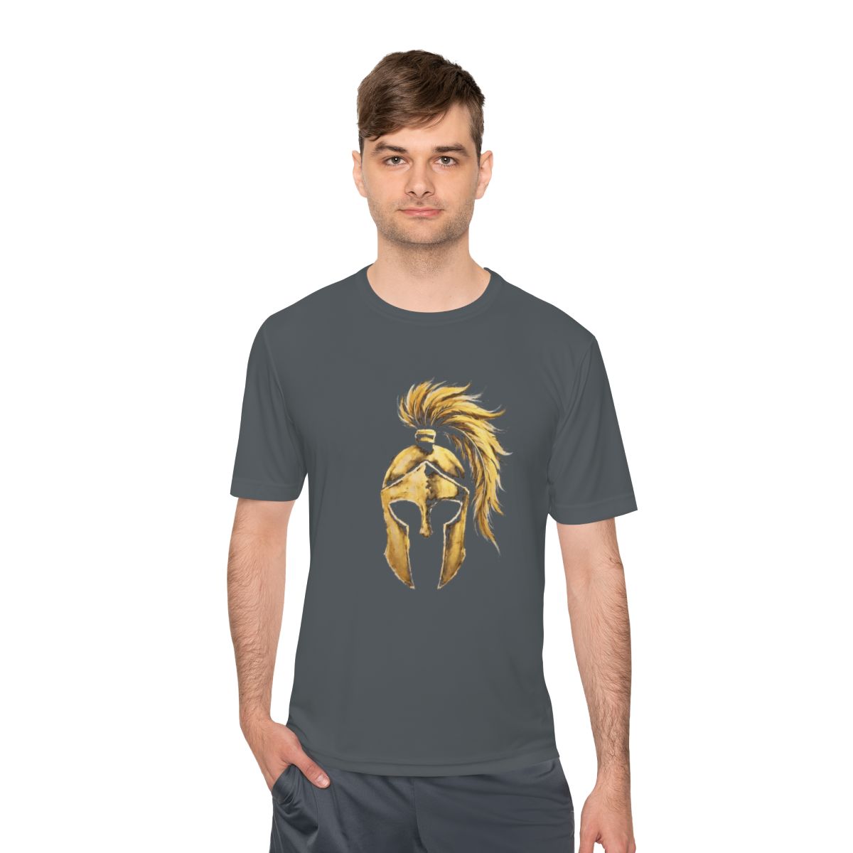 Man wearing iron grey performance tee with the gold Aquila helmet on the front