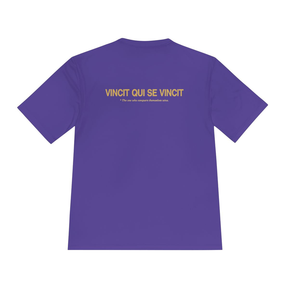 Back of purple performance tee with Vincit qui se vincit in gold