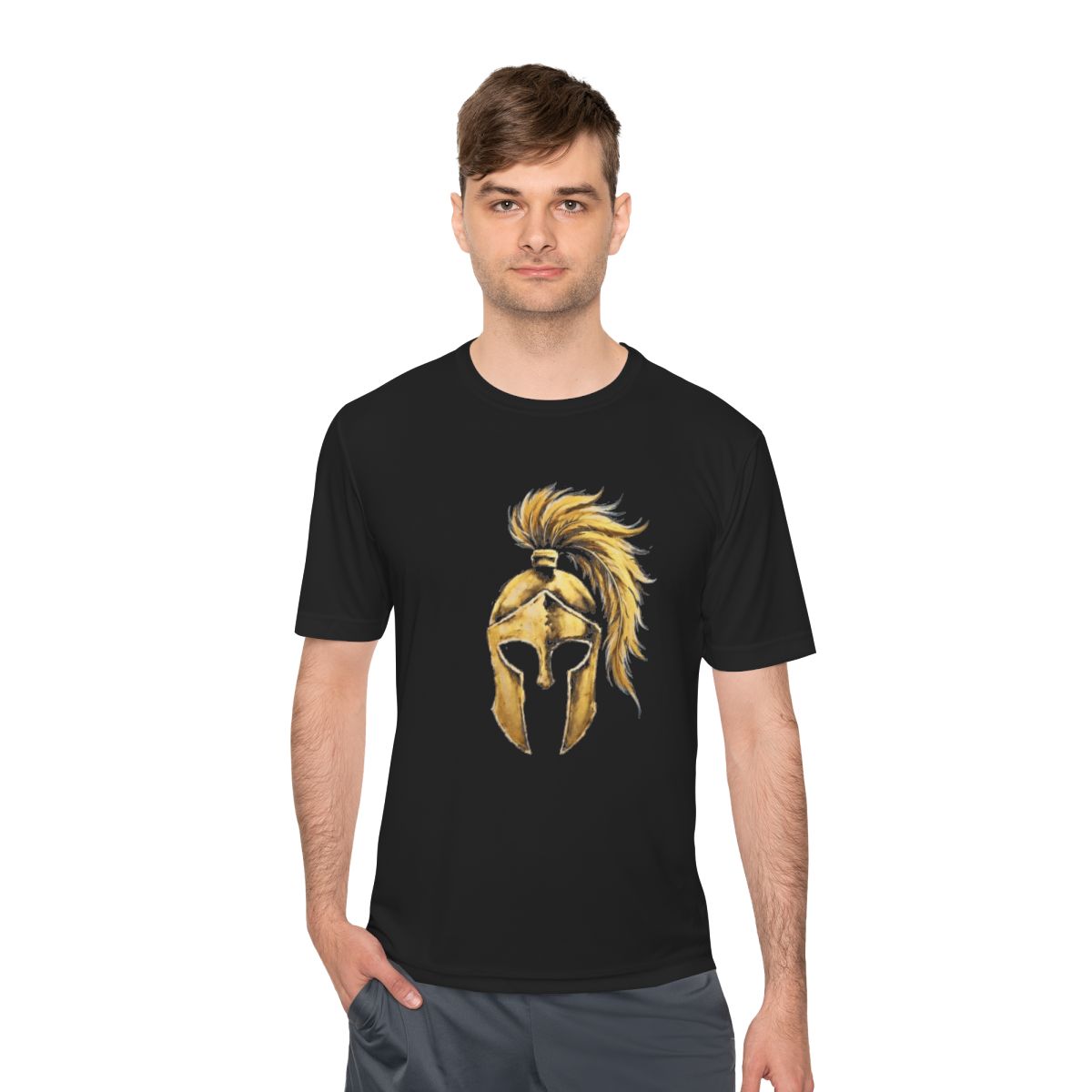 Man wearing black performance tee with the gold Aquila helmet on the front