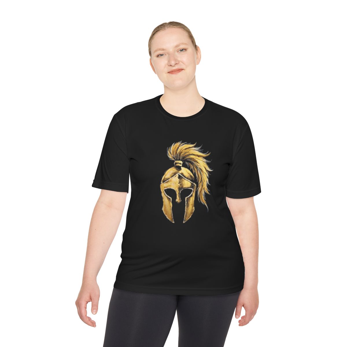 Woman wearing black performance tee with the gold Aquila helmet on the front