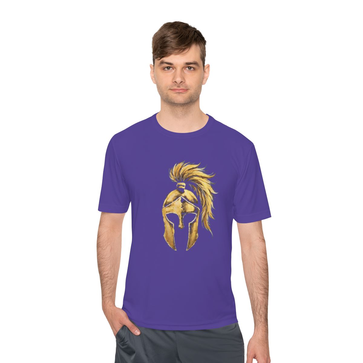 Man wearing purple performance tee with the gold Aquila helmet on the front