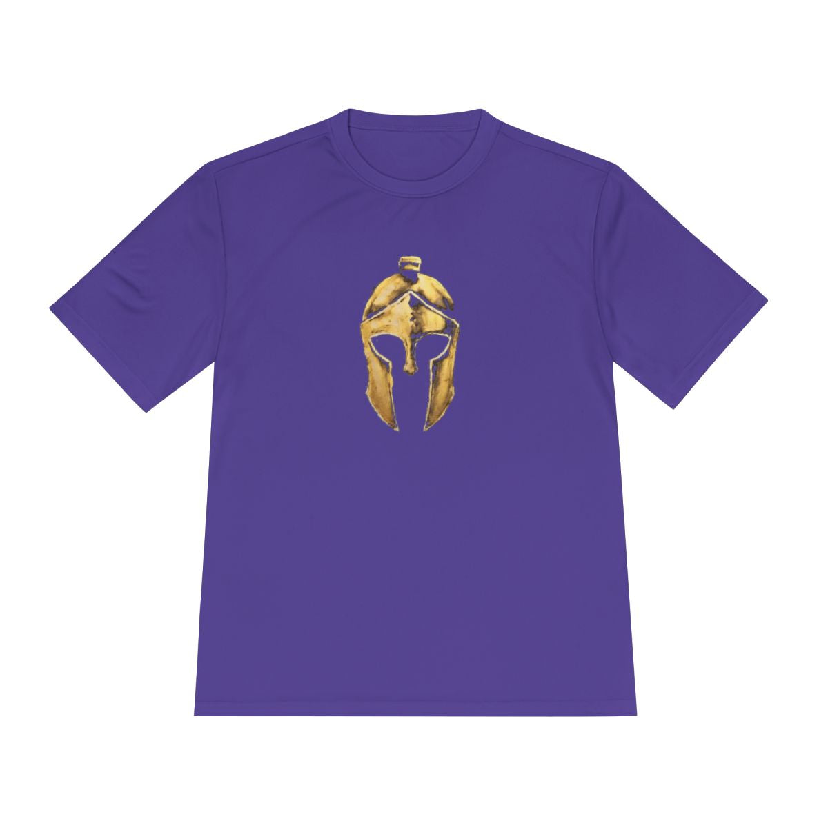 Purple performance tee with the gold Helm helmet on the front