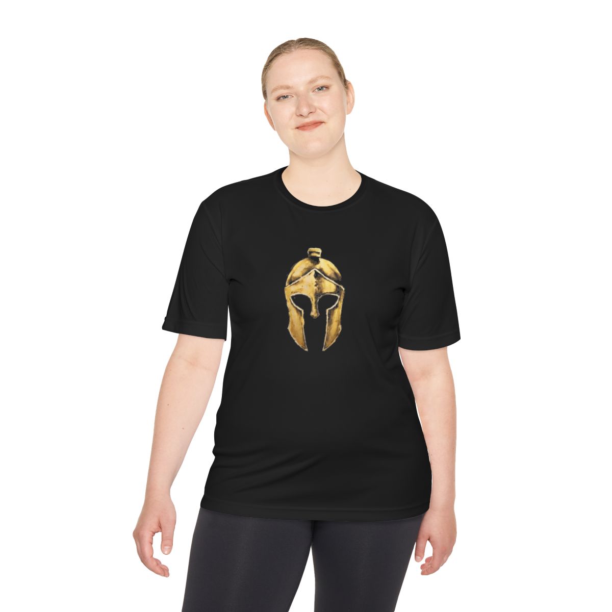 Woman wearing black performance tee with the gold Helm helmet on the front
