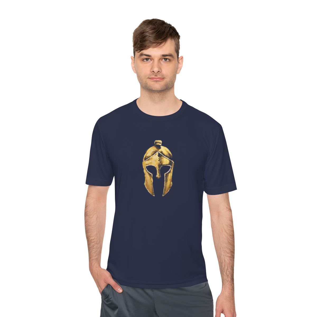 Man wearing true navy performance tee with the gold Helm helmet on the front