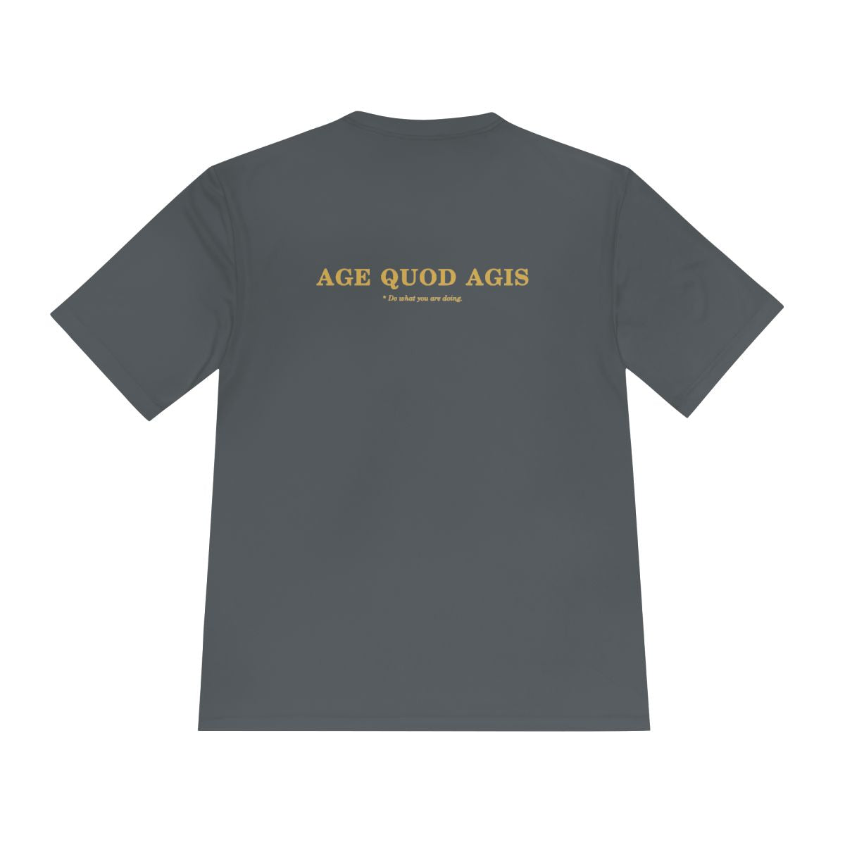 Back of iron grey performance tee with Age Quod Agis in gold