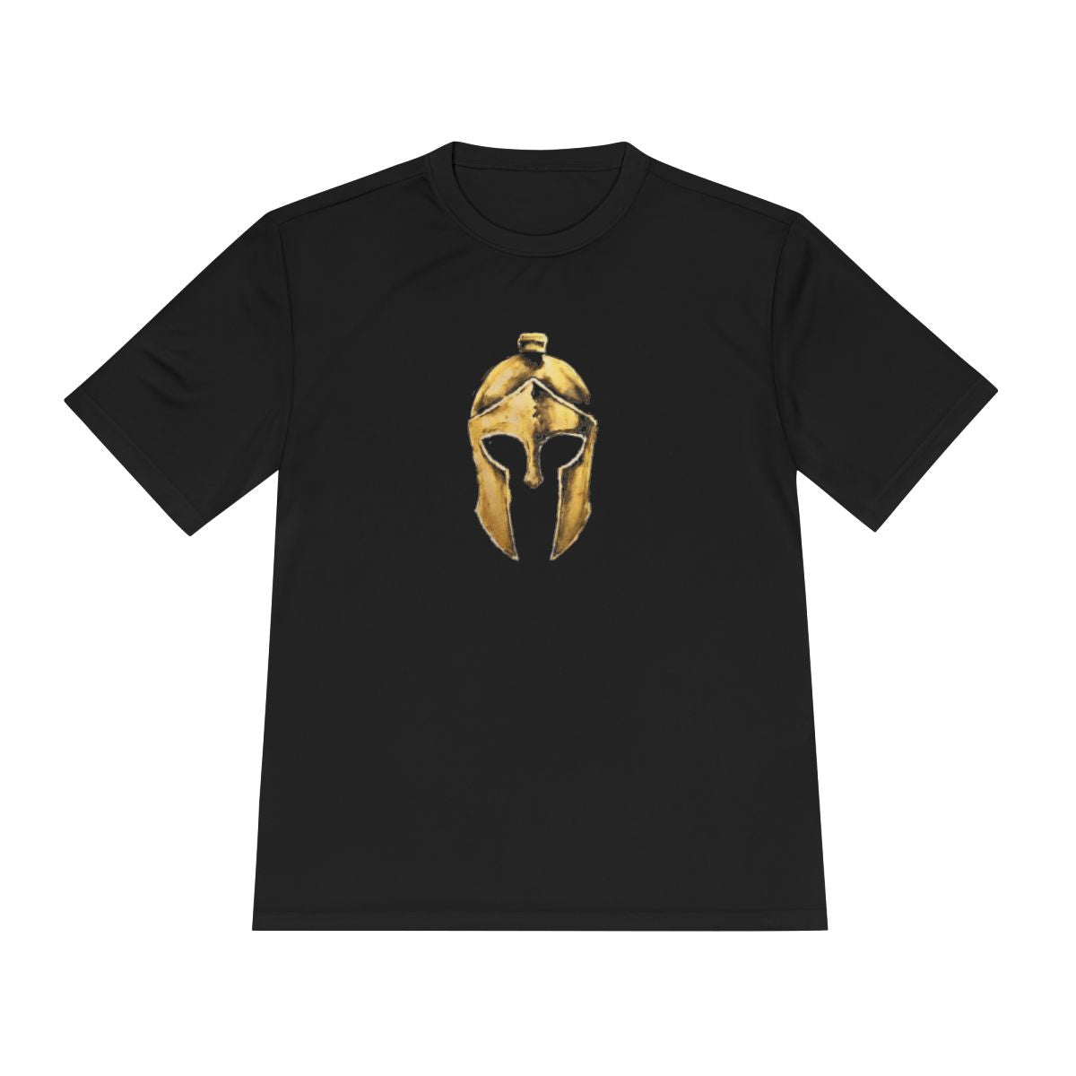Black performance tee with the gold Helm helmet on the front
