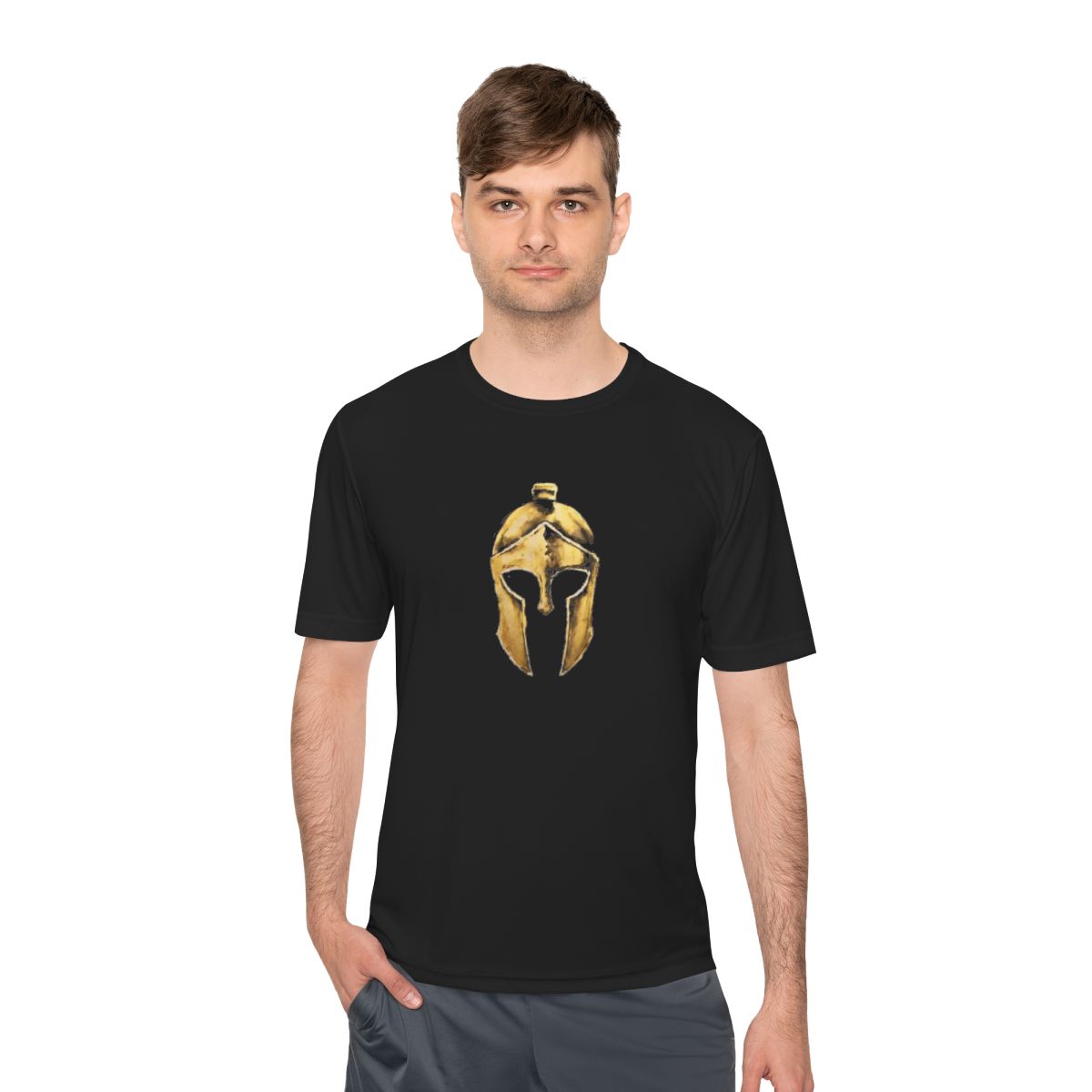 Man wearing black performance tee with the gold Helm helmet on the front