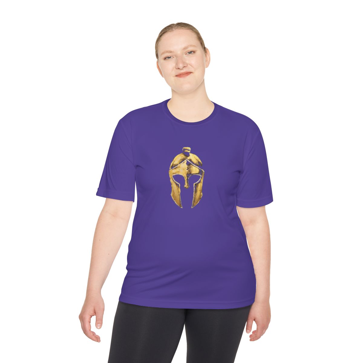 Woman wearing purple performance tee with the gold Helm helmet on the front