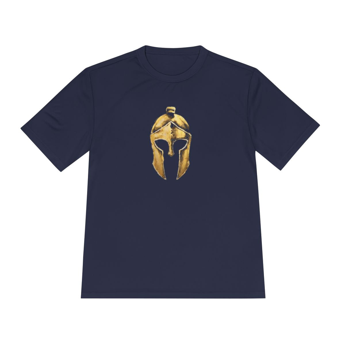 True Navy performance tee with the gold Helm helmet on the front