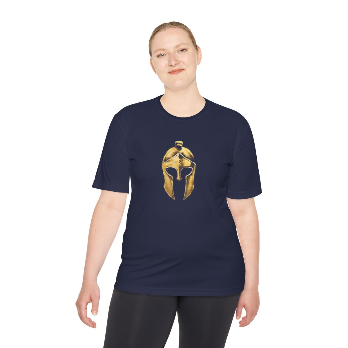 Woman wearing true navy performance tee with the gold Helm helmet on the front