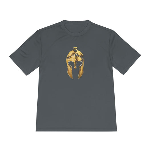 Iron Grey performance tee with the gold Helm helmet on the front