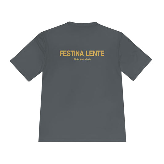 Back of iron grey performance tee with Festina Lente in gold