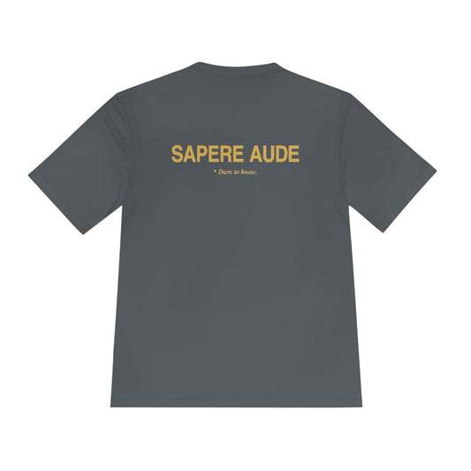 Back of iron grey performance tee with Sapere Aude in gold