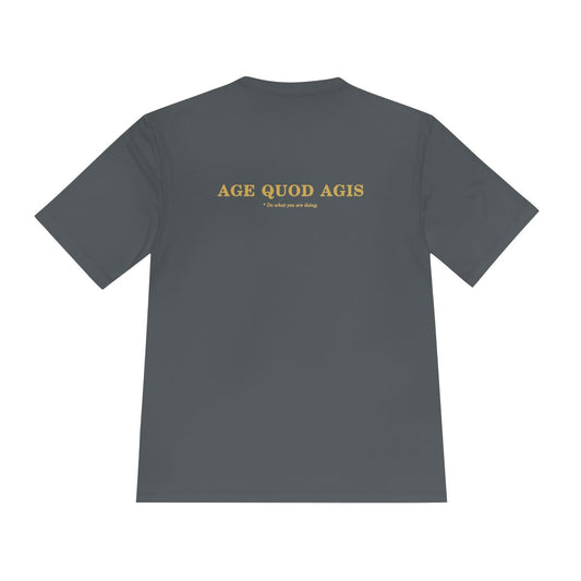 Back of iron grey performance tee with Age Quod Agis in gold