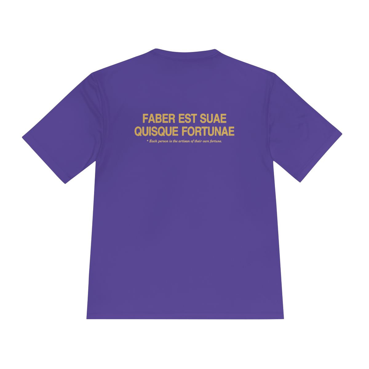 Back of purple performance tee with Faber est suae quisque fortunae in gold