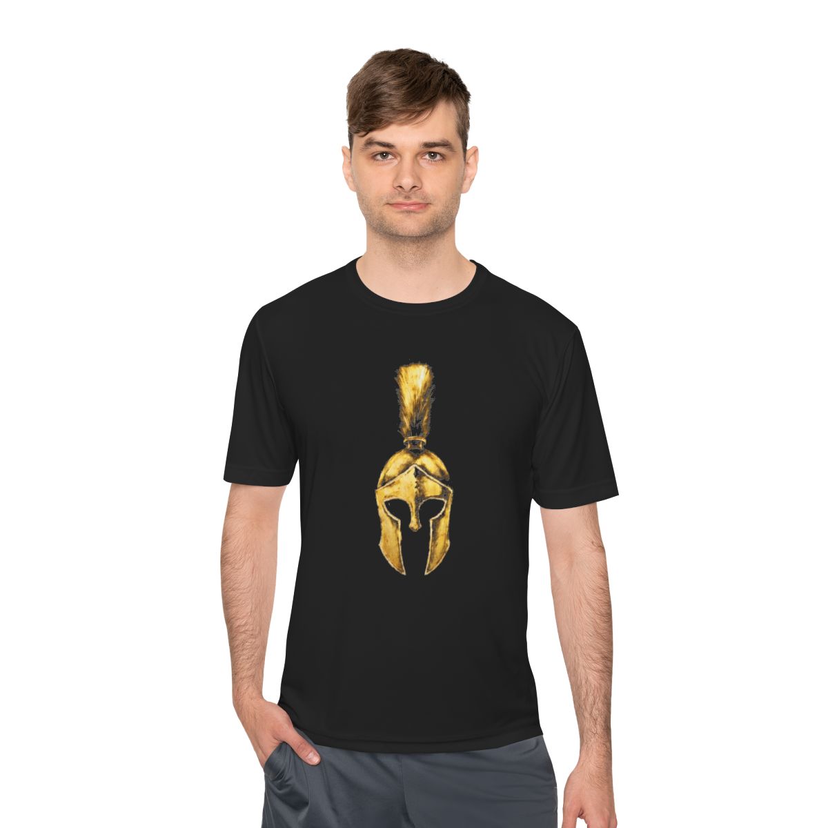 Man wearing black performance tee with the gold Praetorian helmet on the front